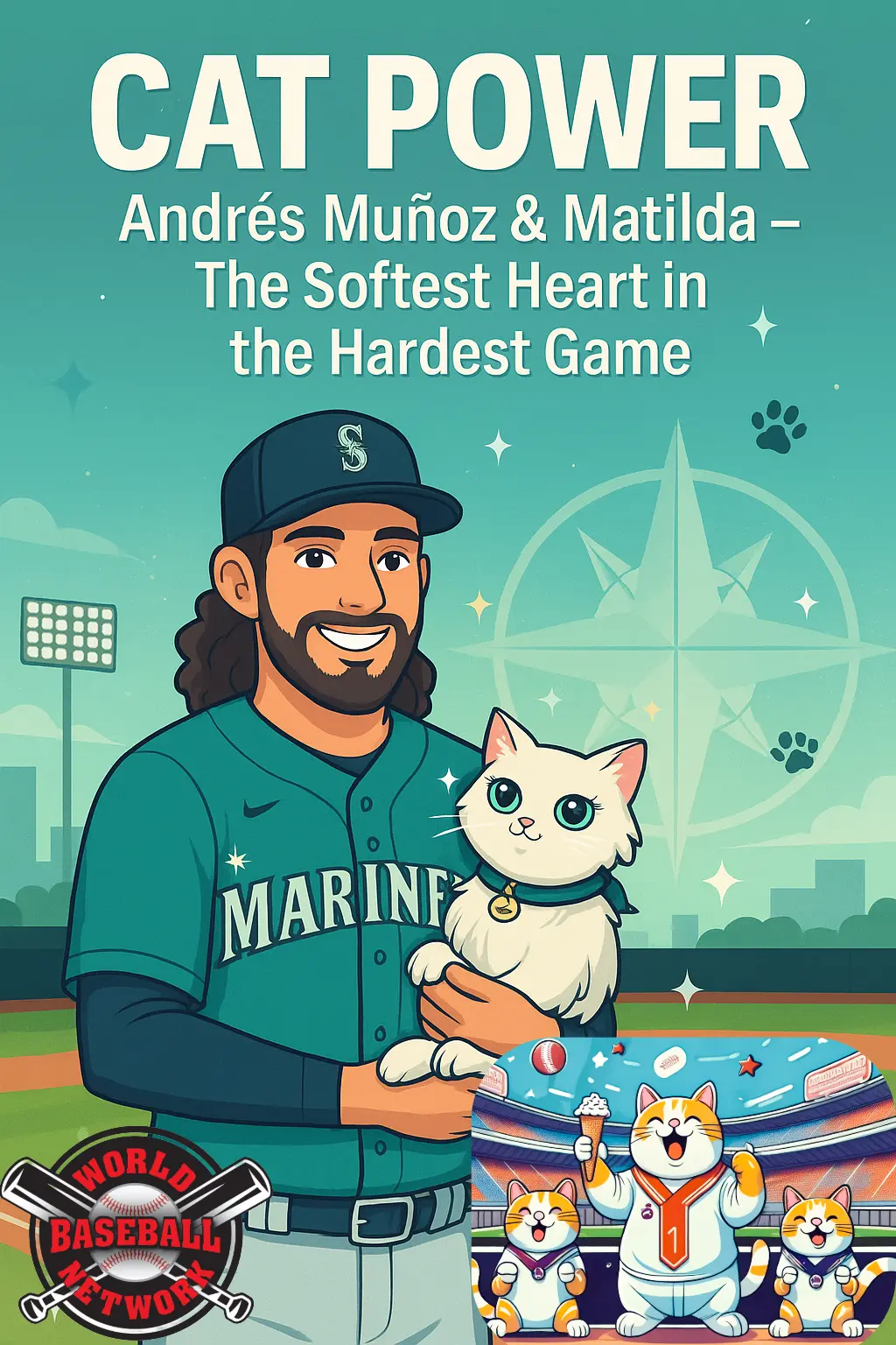 Stylized digital illustration of Seattle Mariners closer Andrés Muñoz smiling in uniform and holding his fluffy Persian cat Matilda on a baseball diamond. Behind them glows the Mariners’ compass logo and paw-print sparkles. At the bottom, cartoon cats in baseball jerseys cheer with ice cream in a stadium, next to the World Baseball Network logo.