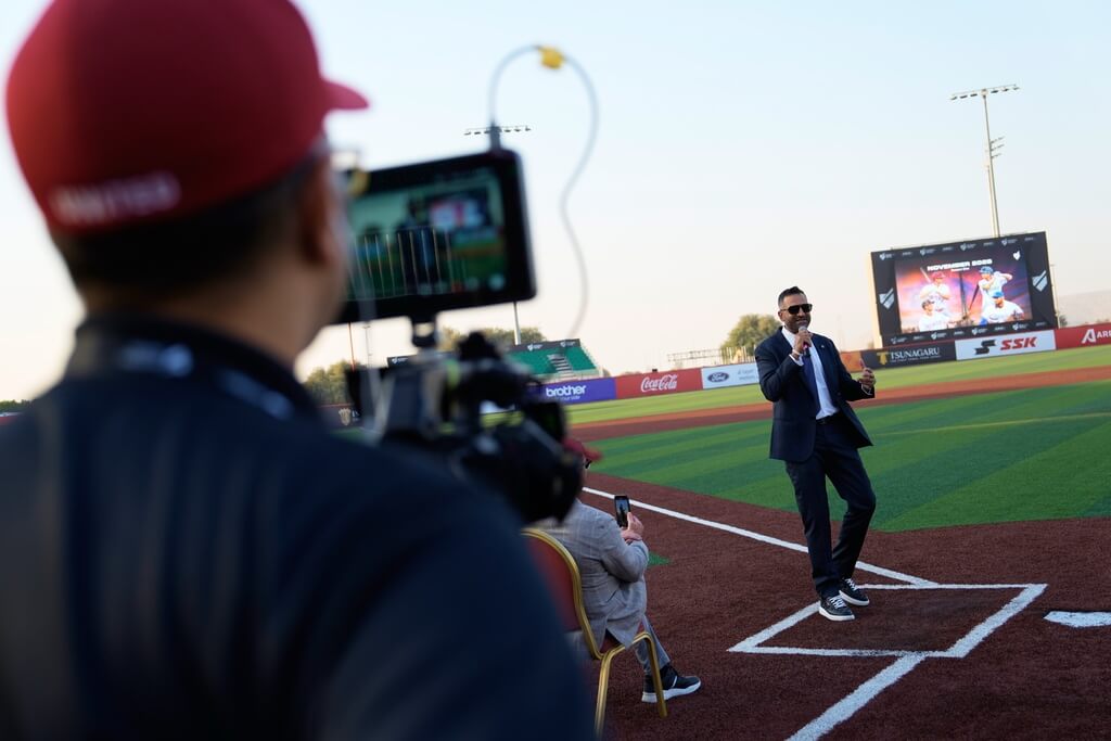 Title: Emirates Baseball United Image ID: 25317674248101 Article: Baseball United CEO and co-founder Kash Shaikh speaks to journalists ahead of the league's inaugural season at the new Barry Larkin Field in Ud al-Bayda outside of Dubai, United Arab Emirates, Thursday, Nov. 13, 2025. (AP Photo/Fatima Shbair)