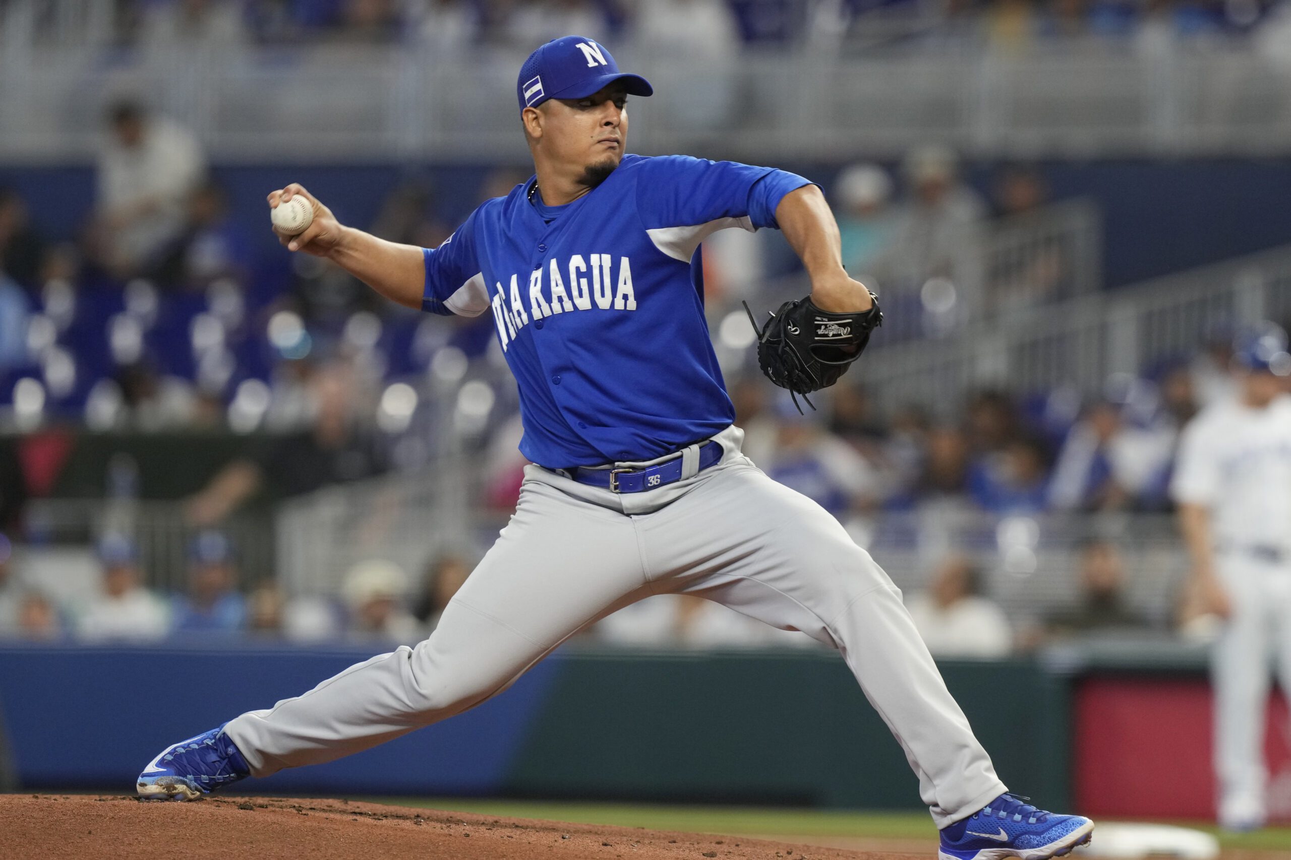 Nicaragua starting pitcher Ronald Medrano (36) aims a pitch during the first inning of a World Baseball Classic game against Israel, Sunday, March 12, 2023, in Miami. (AP Photo/Marta Lavandier)