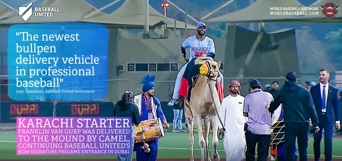 Karachi Monarchs pitcher Franklin Van Gurp rides a camel to the mound before Game 2 at Barry Larkin Field in Dubai, part of Baseball United’s signature pregame entrance.
