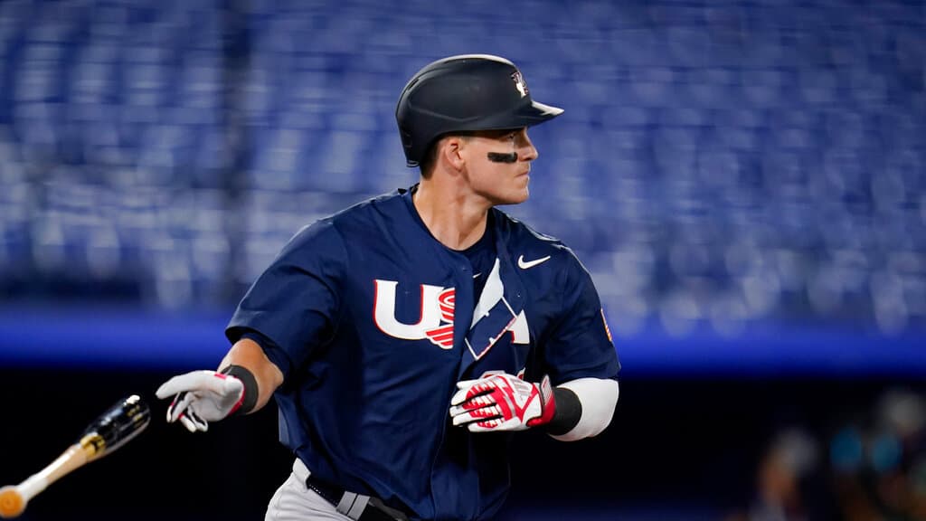 Title: Tokyo Olympics Baseball Image ID: 21211400212561 Article: United States' Tyler Austin follows the flight of the ball after hitting a home run in the third inning of a baseball game against Israel at the 2020 Summer Olympics, Friday, July 30, 2021, in Yokohama, Japan. (AP Photo/Sue Ogrocki)