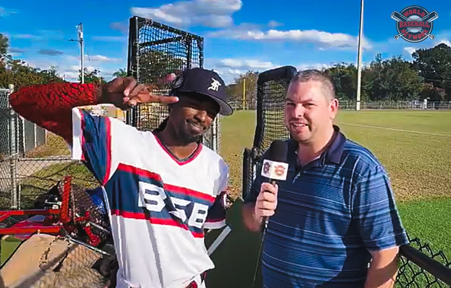 Dee Strange-Gordon speaks with World Baseball Network’s Matt Tallarini during an on-field interview at The Farm League in Central Florida.