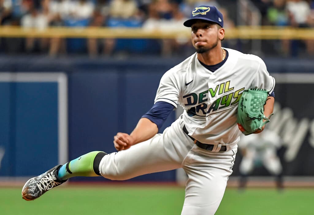 Title: White Sox Rays Baseball Image ID: 21234454499713 Article: Tampa Bay Rays starter Luis Patino pitches during a baseball game against the Chicago White Sox Saturday, Aug. 21, 2021, in St. Petersburg, Fla. (AP Photo/Steve Nesius)