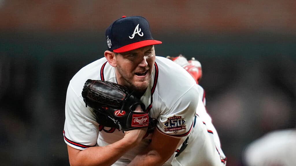 Atlanta Braves starting pitcher Dylan Lee throws during the first inning in Game 4 of baseball's World Series between the Houston Astros and the Atlanta Braves Saturday, Oct. 30, 2021, in Atlanta. (AP PhotoAshley Landis)