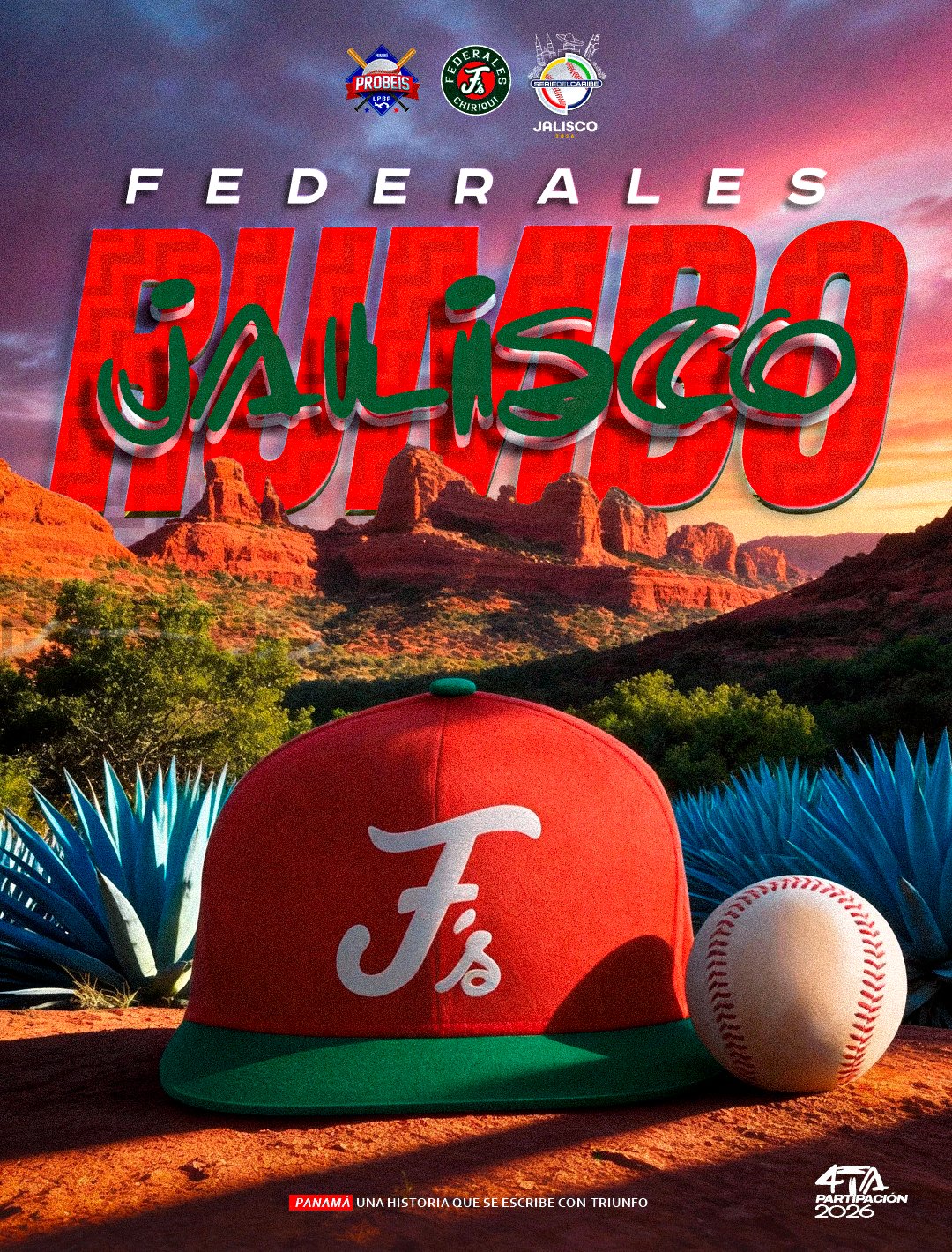 Jose Mayorga, manager of the Federales de Chiriquí, wearing a red team jersey and hat while drawing "Jalisco 2026" on a chalkboard to announce Panama's participation in the Caribbean Series.