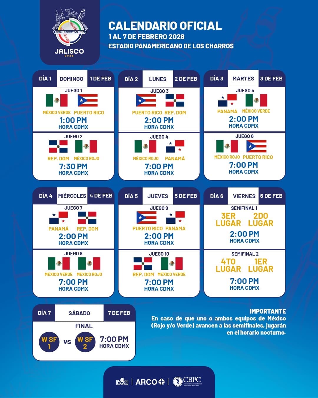 Official 2026 Serie del Caribe schedule graphic showing game dates, matchups, and start times in Zapopan, Mexico.