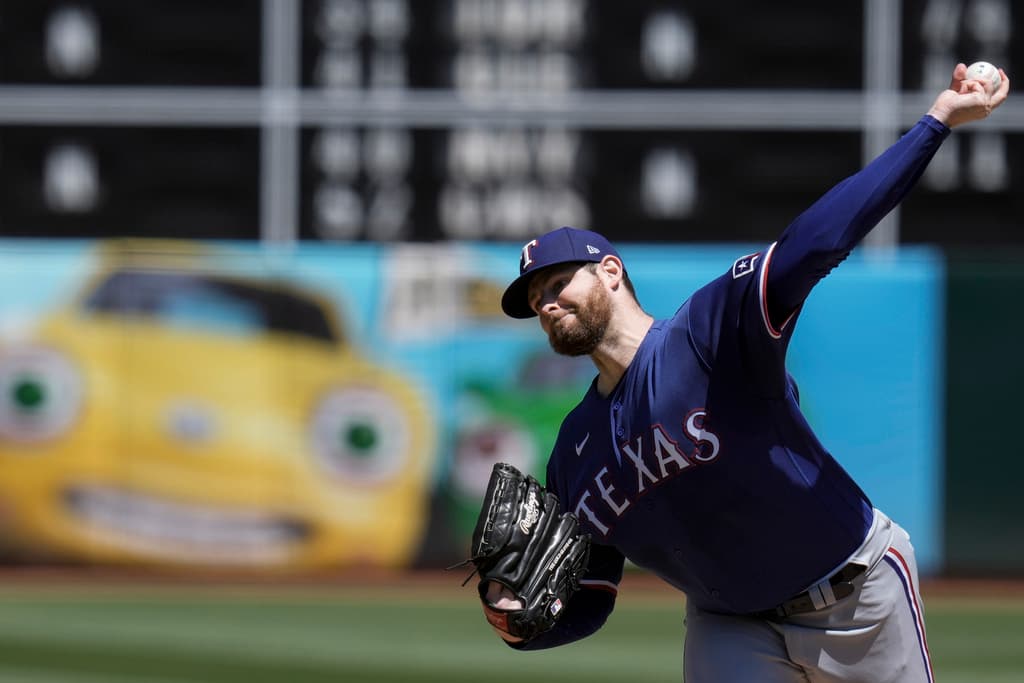 Title: Rangers Athletics Baseball Image ID: 23221718985467 Article: Texas Rangers pitcher Jordan Montgomery throws to an Oakland Athletics batter during the first inning of a baseball game Wednesday, Aug. 9, 2023, in Oakland, Calif. (AP Photo/Godofredo A. Vásquez)