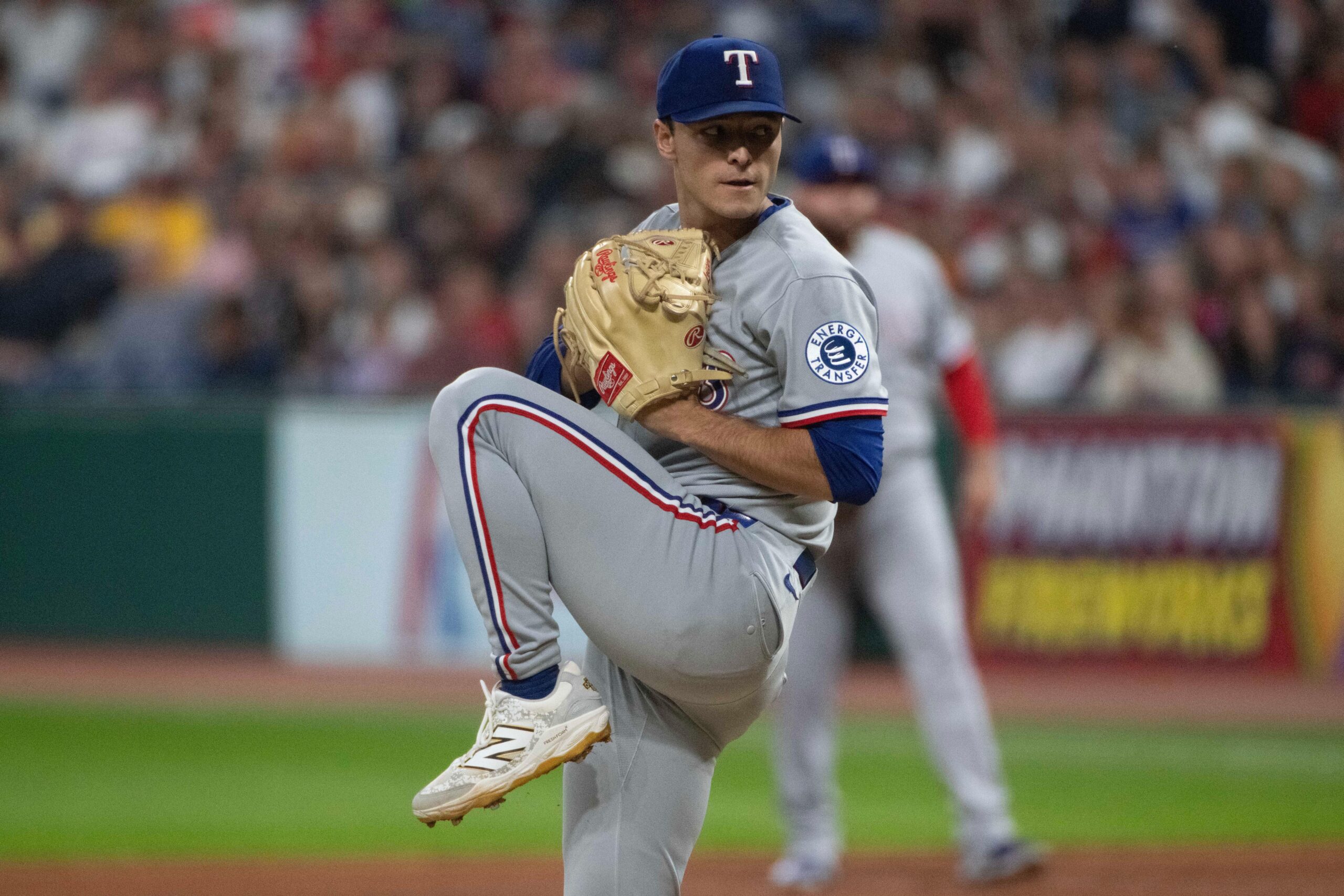 Texas Rangers starting pitcher Jack Leiter delivers against the Cleveland Guardians during the first inning of a baseball game, Friday, Sept. 26, 2025, in Cleveland. (AP Photo/Phil Long)