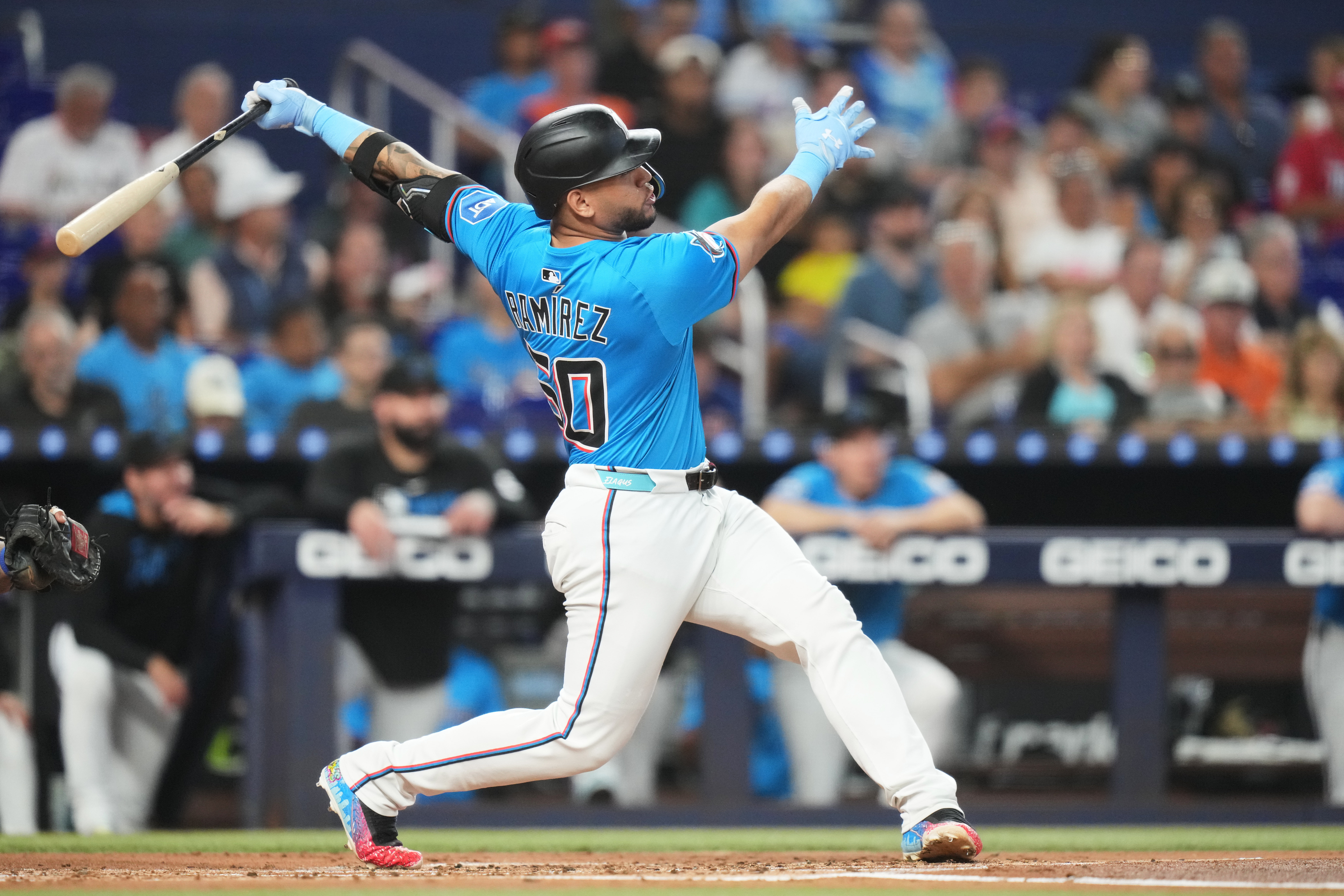 Miami Marlins catcher Agustin Ramirez bats during the first inning of a baseball game against the New York Mets, Sunday, Sept. 28, 2025, in Miami. (AP Photo/Lynne Sladky)