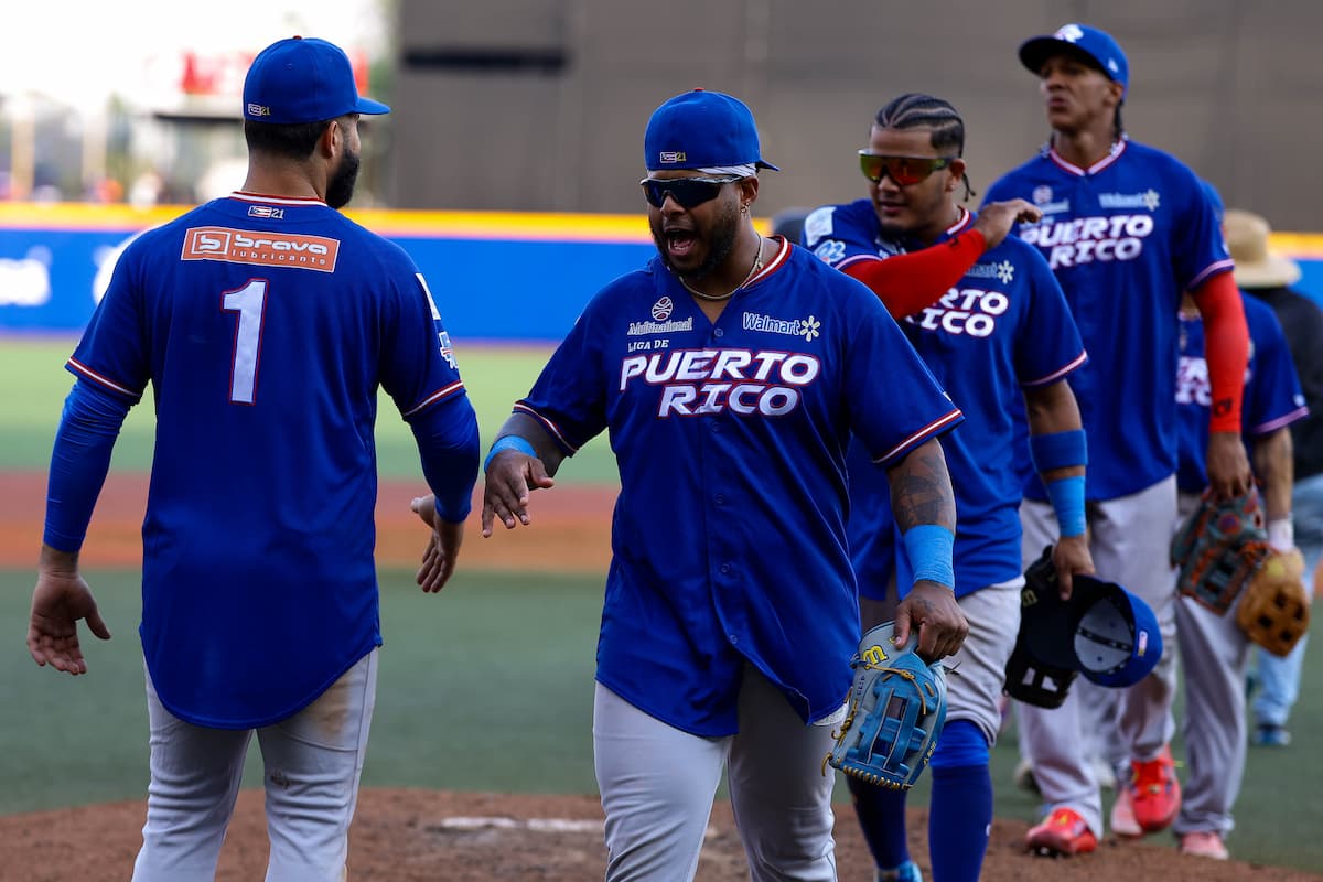 Puerto Rico players celebrate after defeating Panama in Day 5 action of the 2026 Caribbean Series at Estadio Panamericano in Zapopan, Mexico.