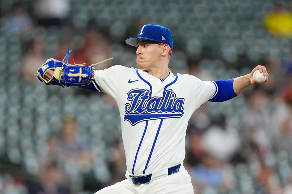 Title: WBC Brazil Italy Baseball Image ID: 26066692912844 Article: Italy starting pitcher Sam Aldegheri throws during the first inning of a World Baseball Classic game against Brazil, Saturday, March 7, 2026, in Houston. (AP Photo/David J. Phillip)
