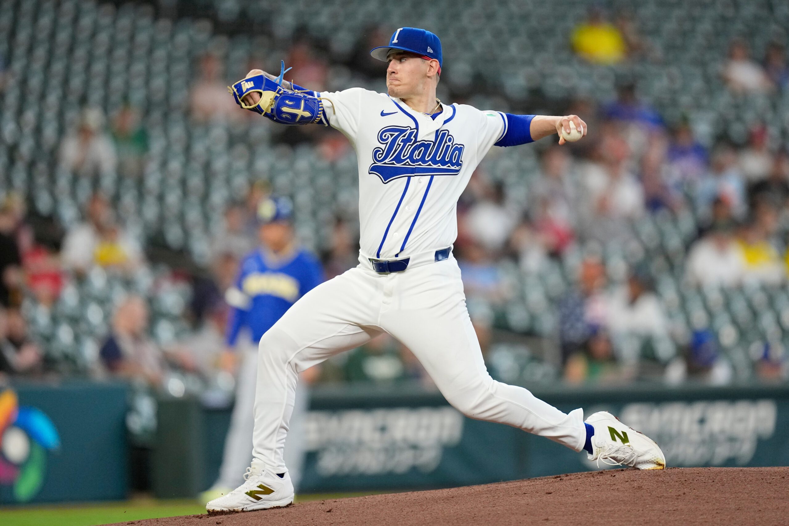 Italy starting pitcher Sam Aldegheri throws during the first inning of a World Baseball Classic game against Brazil, Saturday, March 7, 2026, in Houston. (AP Photo/David J. Phillip)