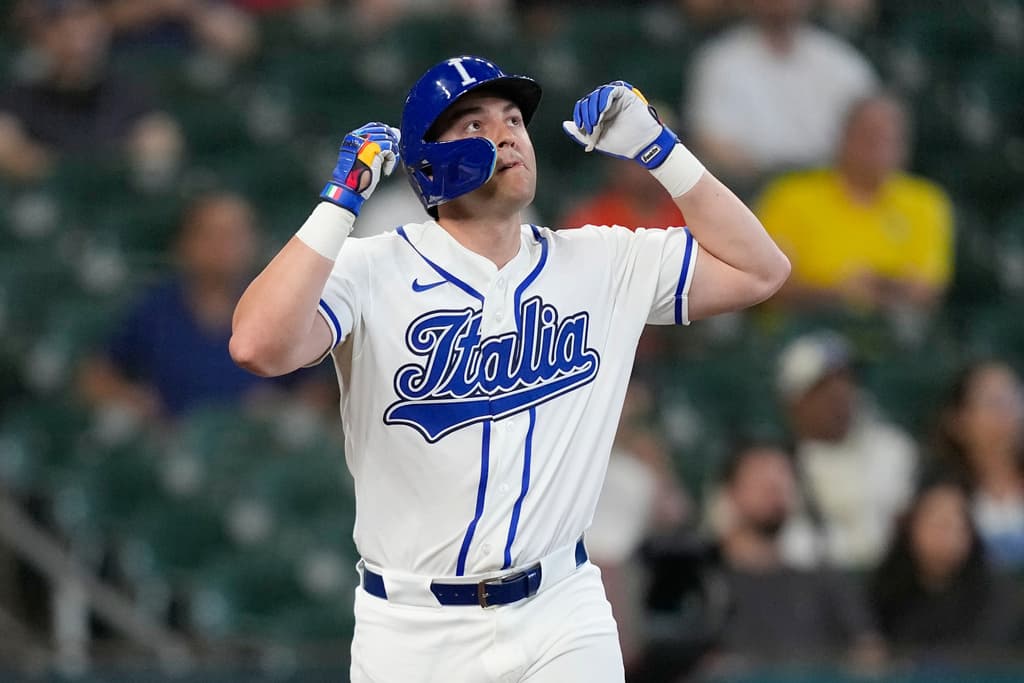 Title: WBC Brazil Italy Baseball Image ID: 26066739233434 Article: Italy's Dominic Canzone celebrates after hitting a three-run home run against Brazil during the seventh inning of a World Baseball Classic game, Saturday, March 7, 2026, in Houston. (AP Photo/David J. Phillip)