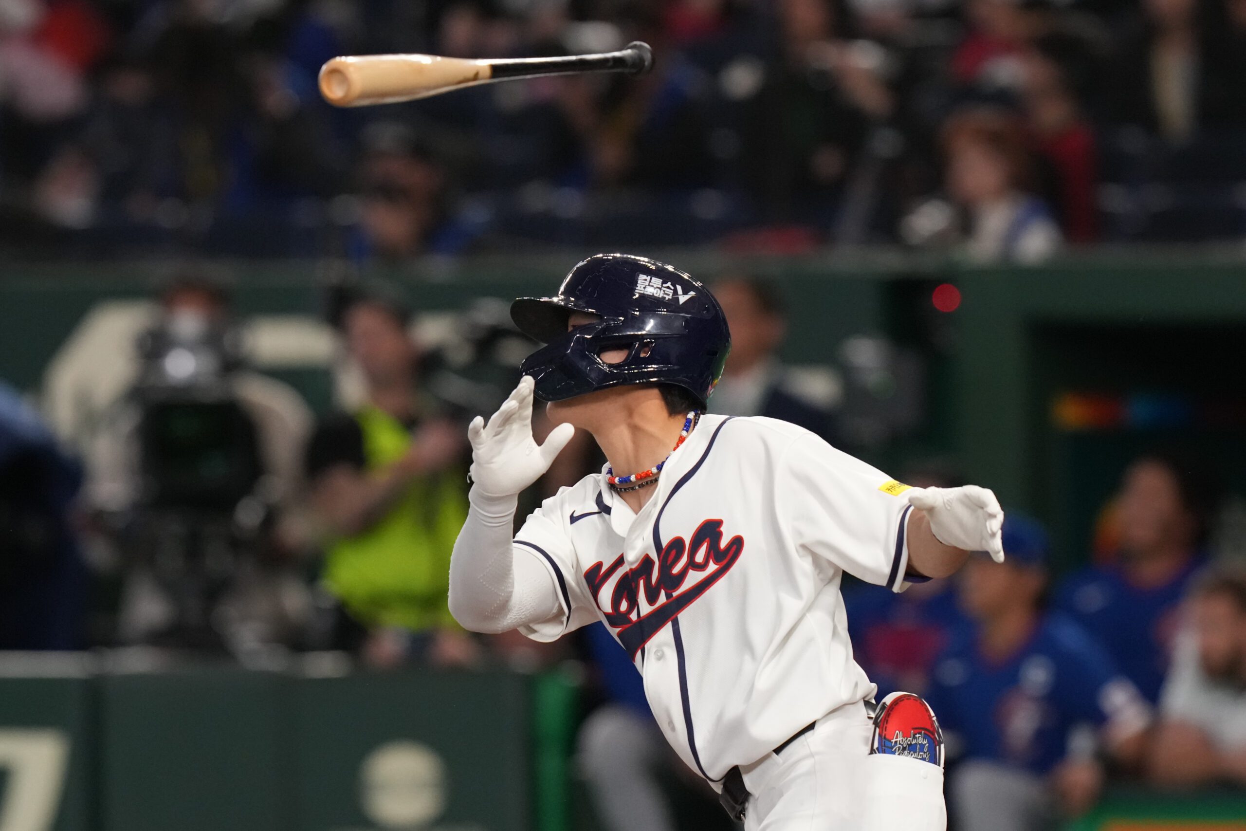 South Korea's Kim Do-yeong hits a double during the eight inning of a World Baseball Classic game between South Korea and Taiwan on Sunday, March 8, 2026 in Tokyo, Japan. (AP Photo/Eugene Hoshiko)