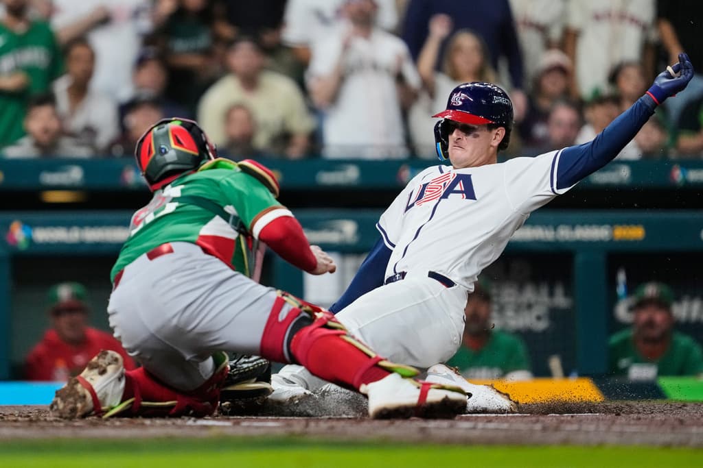 Mexico catcher Alejandro Kirk tags out United States runner Roman Anthony at home plate during the second inning of a World Baseball Classic game in Houston.