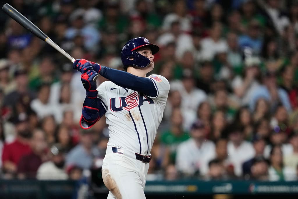 United States outfielder Roman Anthony hits a three-run home run against Mexico during the third inning of a 2026 World Baseball Classic game in Houston.