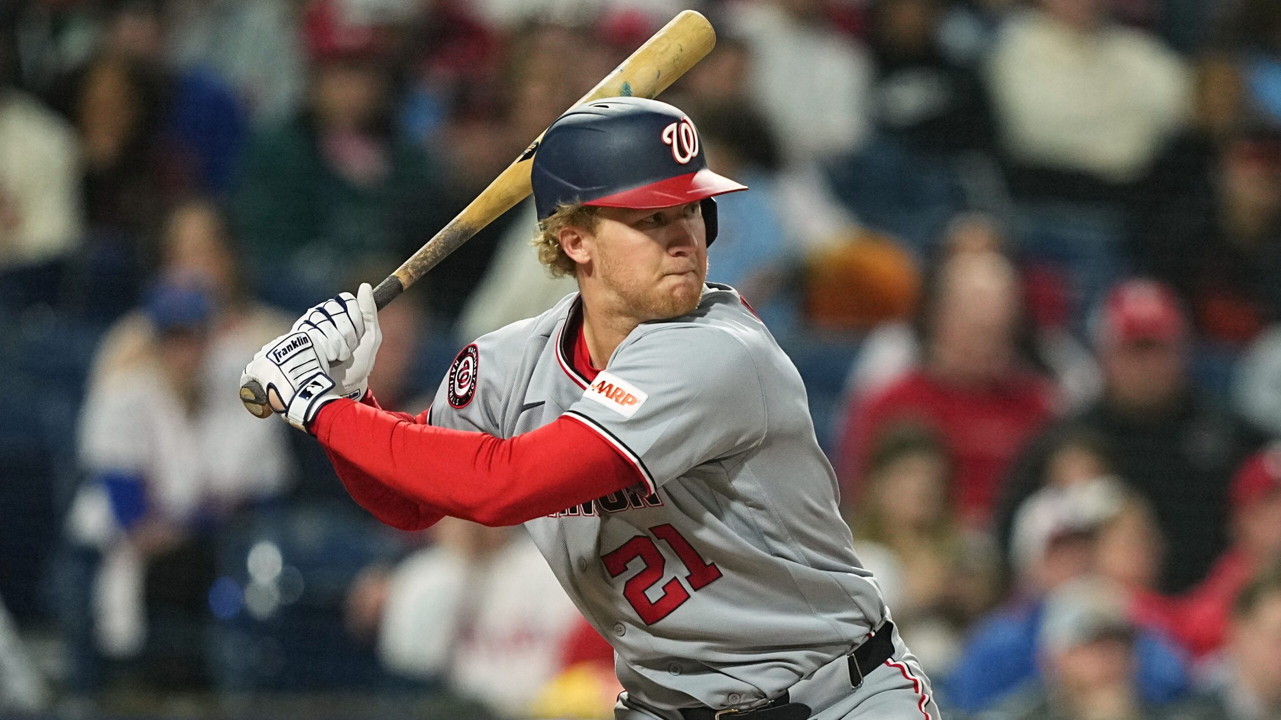 Washington Nationals' Joey Wiemer in action during a baseball game, Monday, March 30, 2026, in Philadelphia. (AP Photo/Matt Rourke)