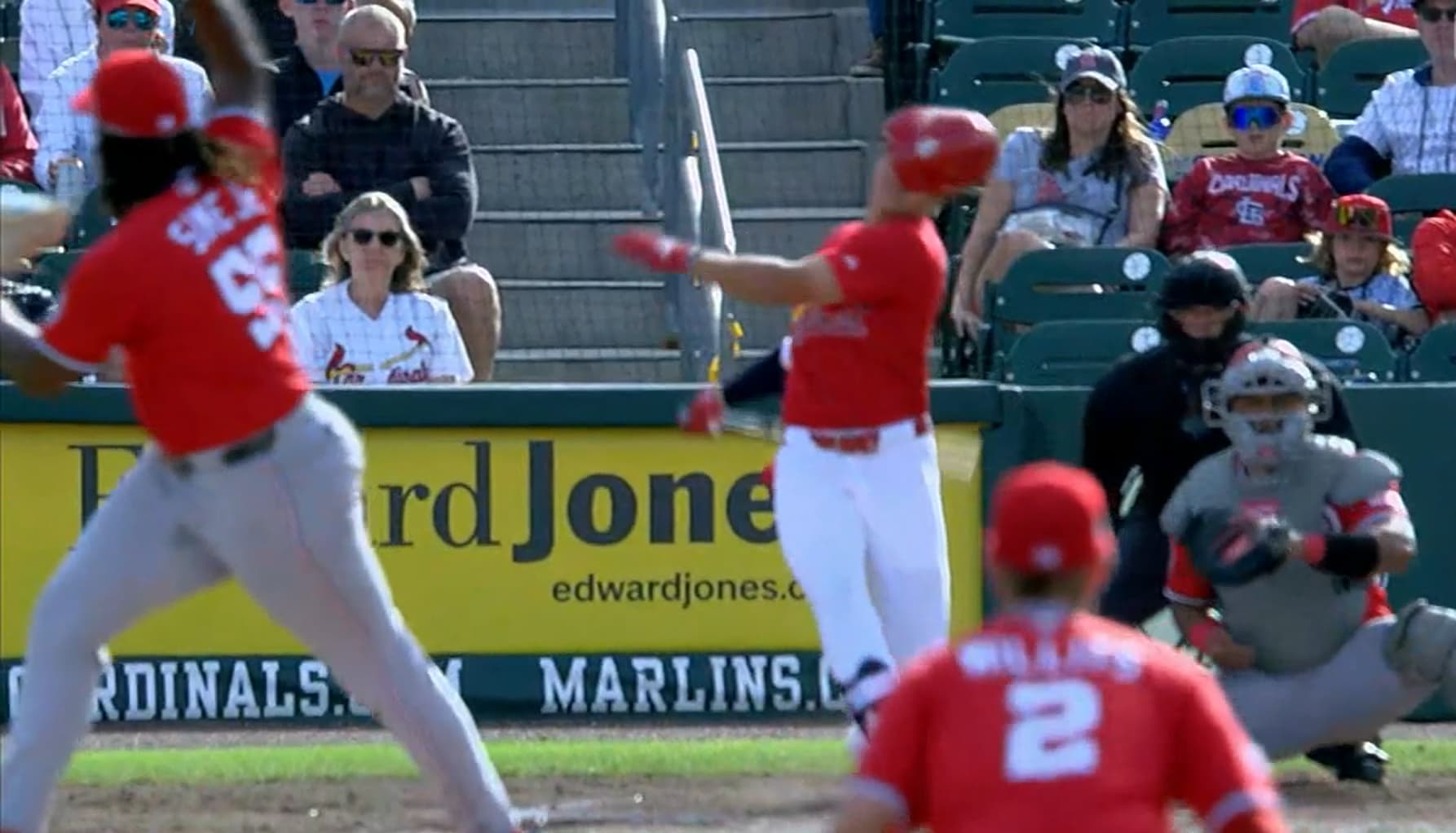 Miguel Sime Jr pitching to JJ Wetherholt during Spring Breakout game with Eli Willits on base