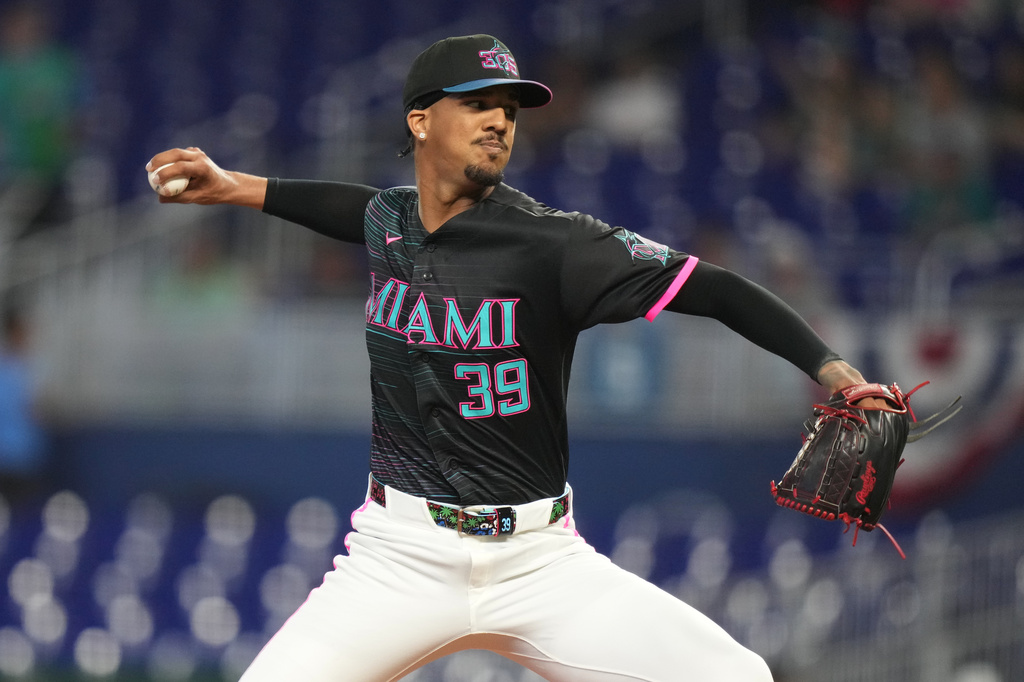 Eury Pérez delivers a pitch for the Miami Marlins against the Colorado Rockies at loanDepot park on March 28, 2026