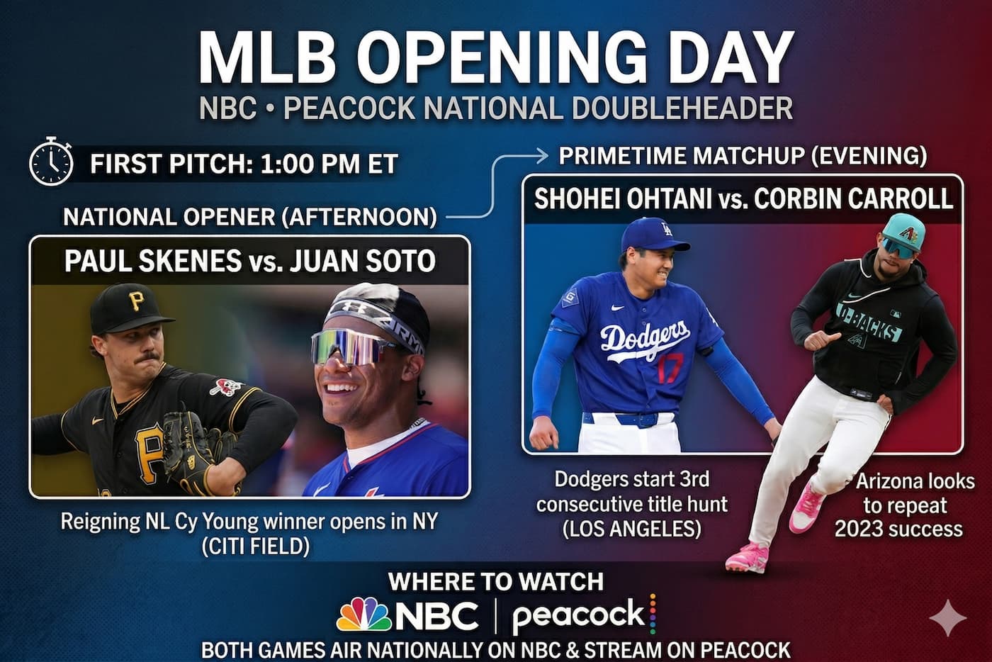 MLB Opening Day 2026 graphic showing Paul Skenes vs Juan Soto and Shohei Ohtani vs Corbin Carroll with NBC and Peacock broadcast details