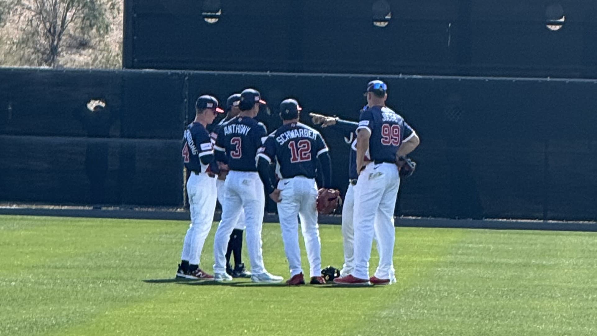 Team USA players including Aaron Judge, Kyle Schwarber, and Roman Anthony gather in the outfield during 2026 World Baseball Classic camp at Papago Sports Complex in Scottsdale, Arizona.