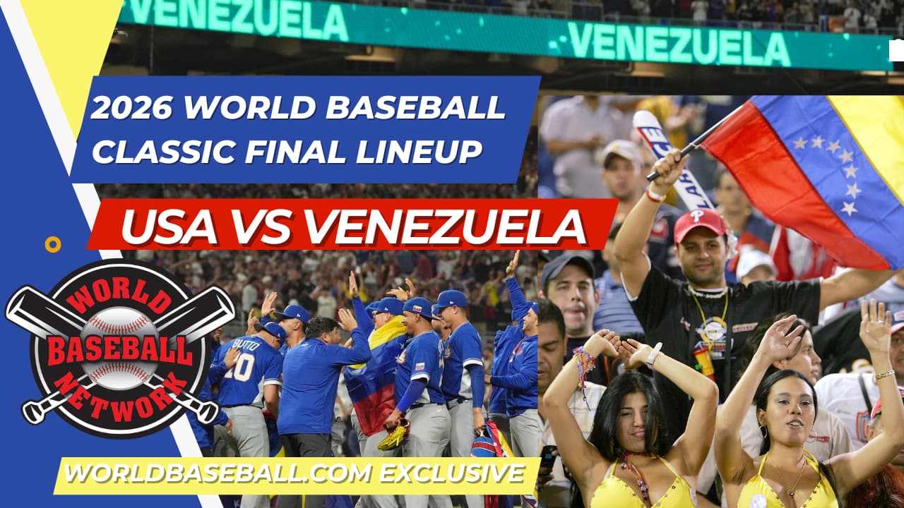 USA vs Venezuela 2026 World Baseball Classic final graphic with Venezuelan fans and players celebrating in stadium