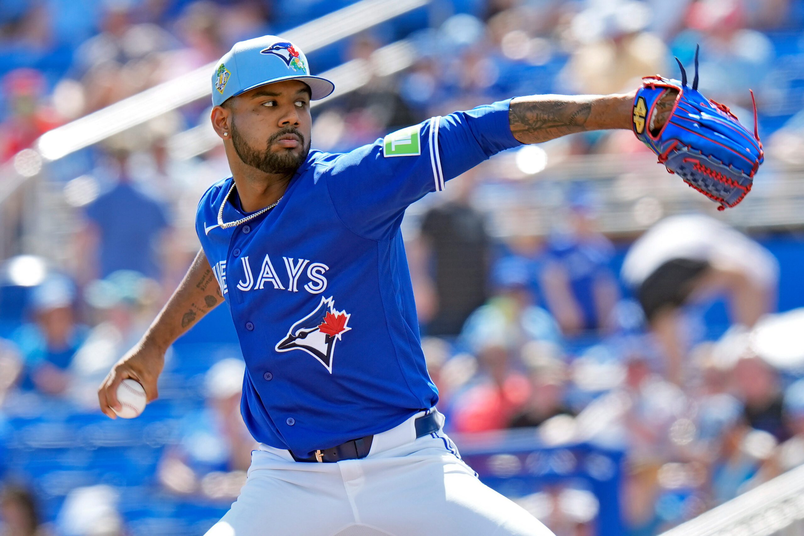 Toronto Blue Jays pitcher Angel Bastardo delivers to team Canada during the third inning of an exhibition baseball game Tuesday, March 3, 2026, in Dunedin, Fla. (AP Photo/Chris O'Meara)