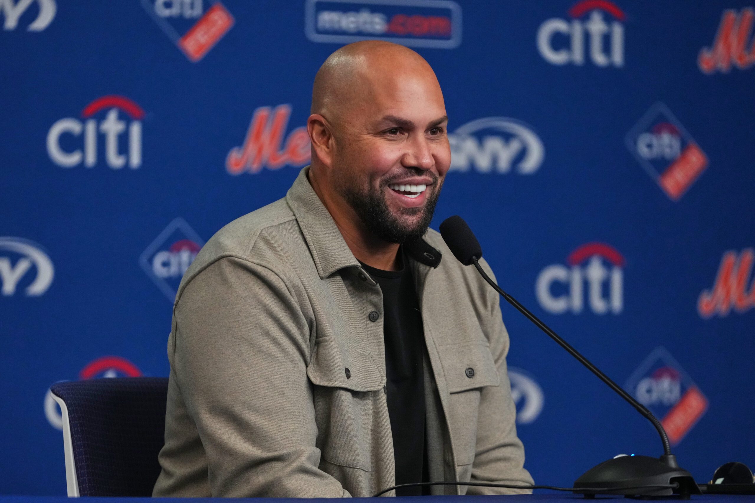 Carlos Beltran speaks during a news conference before a baseball game between the New York Mets and the Arizona Diamondbacks Tuesday, April 7, 2026, in New York. (AP Photo/Frank Franklin II)