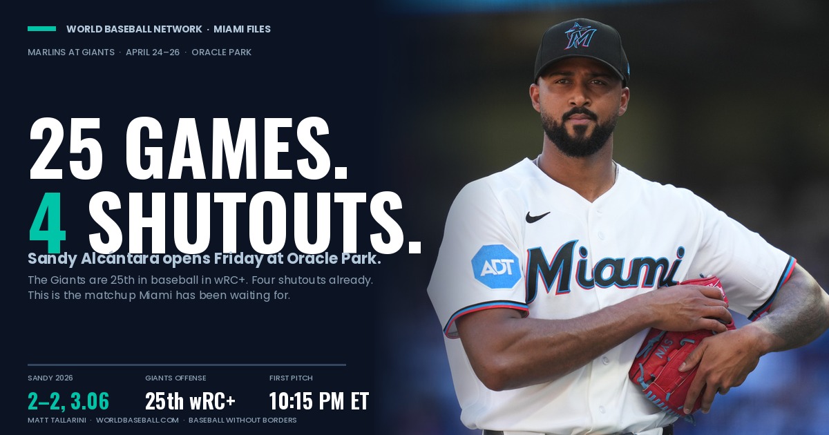 WBN graphic previewing the Miami Marlins at San Francisco Giants series April 24-26, headlined by Sandy Alcantara and the stat that the Giants have been shut out four times in 25 games