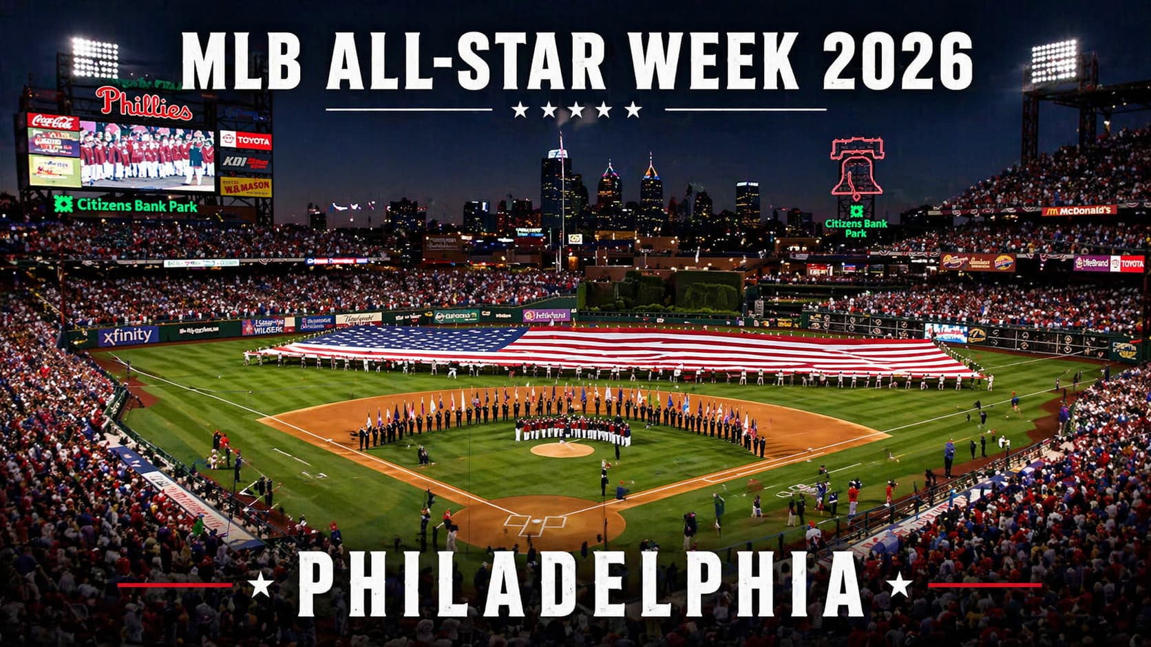 American flag displayed across the field at Citizens Bank Park in Philadelphia before a baseball game