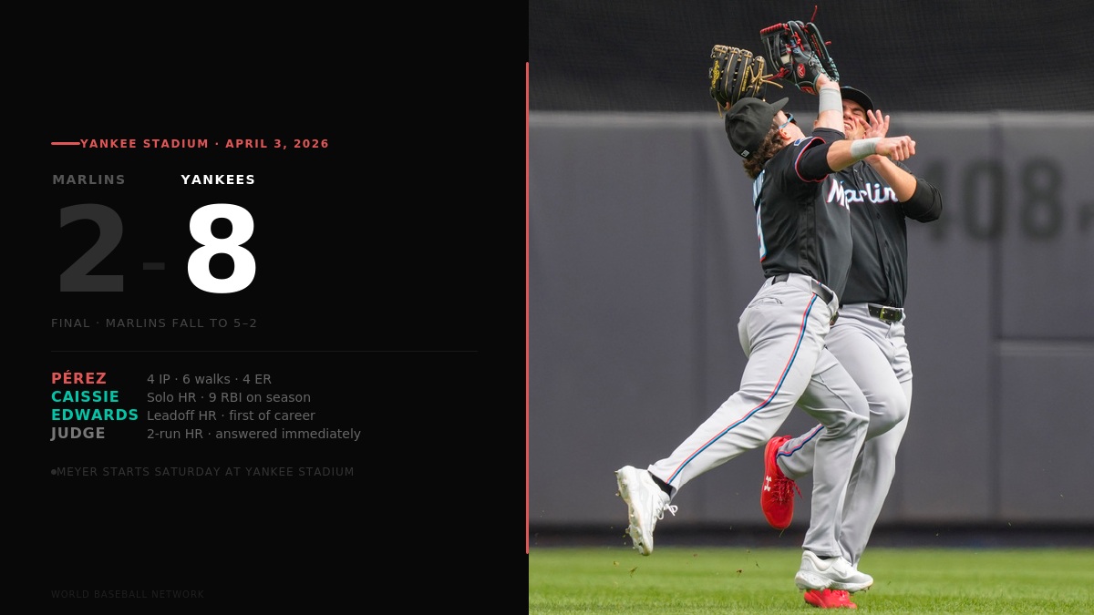 Miami Marlins center fielder Jakob Marsee, right, collides with left fielder Griffin Conine (18) as they attempt to catch a fly ball by New York Yankees' Cody Bellinger (35) during the first inning of the Yankees' home-opener baseball game, Friday, April 3, 2026, in New York. (AP Photo/Yuki Iwamura)