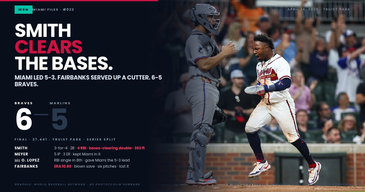 Albies screaming at home plate, Marlins catcher (Ramírez) standing there helpless, crowd going crazy behind them. That's the Dominic Smith bases-clearing double moment — the go-ahead run scoring.
