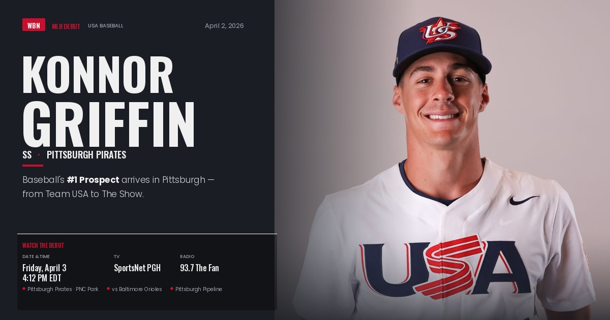 Konnor Griffin wearing a USA Baseball jersey in a graphic announcing his MLB debut with the Pittsburgh Pirates as the top prospect in baseball.