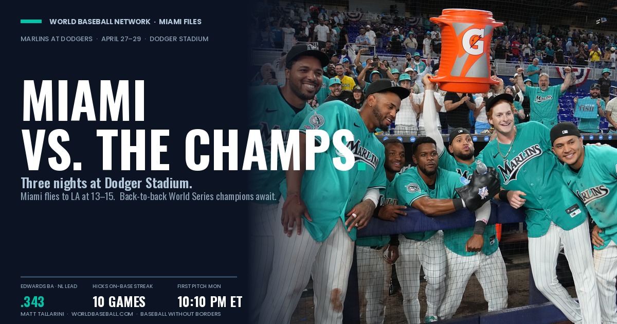 World Baseball Network 2026 Miami Marlins coverage graphic previewing the international friendly Marlins road series at the Los Angeles Dodgers, April 27-29 at Dodger Stadium, with Miami flying west at 13-15 to face the back-to-back World Series champions Description: WBN graphic produced for World Baseball Network's 2026 Miami Marlins beat coverage, previewing the three-game road series at Dodger Stadium. Miami enters at 13-15 to face the defending World Series champion Dodgers across three consecutive nights — Yamamoto on Monday, Ohtani on Tuesday, Glasnow on Wednesday afternoon.