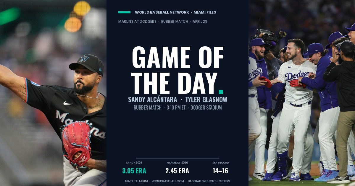 World Baseball Network 2026 Miami Marlins coverage graphic for the Marlins-Dodgers rubber match at Dodger Stadium on April 29, with Sandy Alcántara facing Tyler Glasnow at 3:10 PM ET after Miami evened the series at 1-1