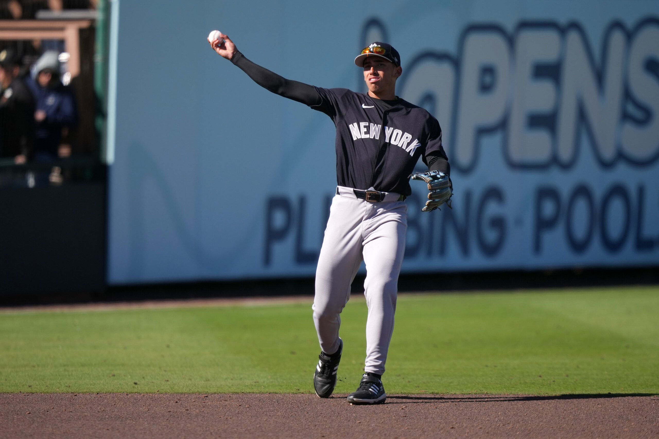 New York Yankees' George Lombard Jr. plays during a spring training baseball game, Monday, Feb. 23, 2026, in Bradenton. (AP Photo/Matt Slocum)