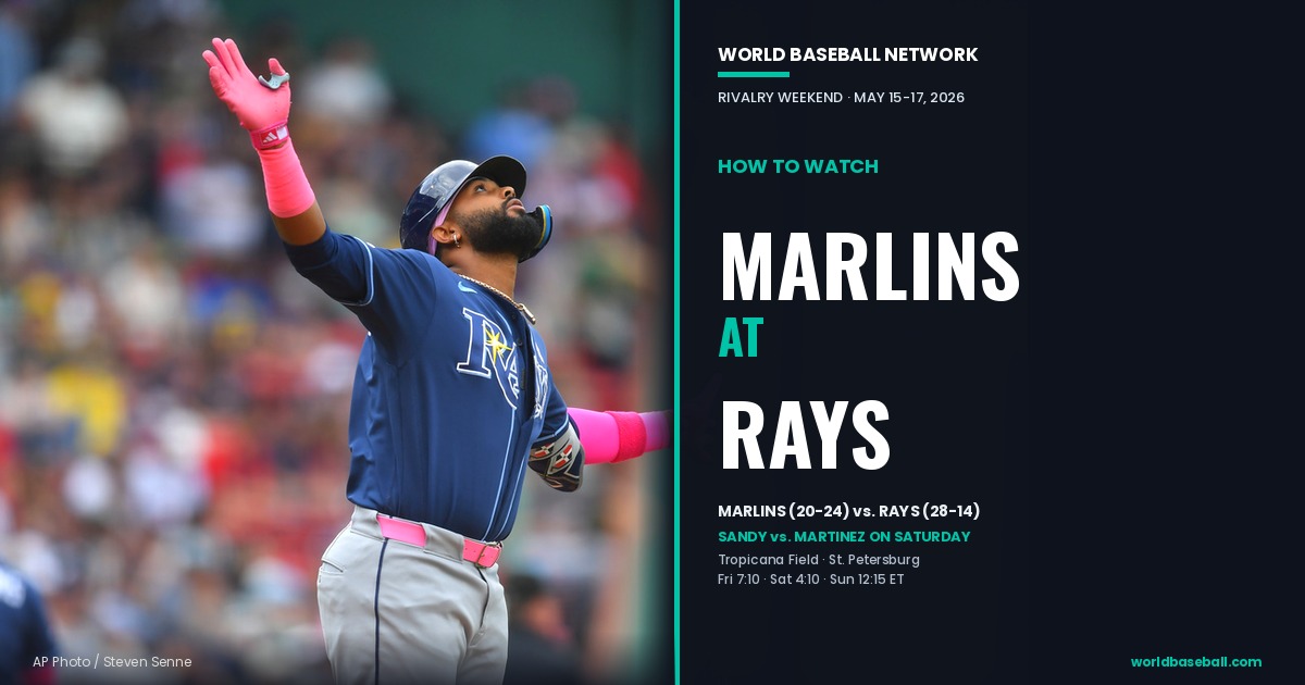 Tampa Bay Rays third baseman Junior Caminero celebrates a home run against the Boston Red Sox at Fenway Park on May 10, 2026. The Rays (28-14) host the Miami Marlins (20-24) for Rivalry Weekend at Tropicana Field May 15-17.
