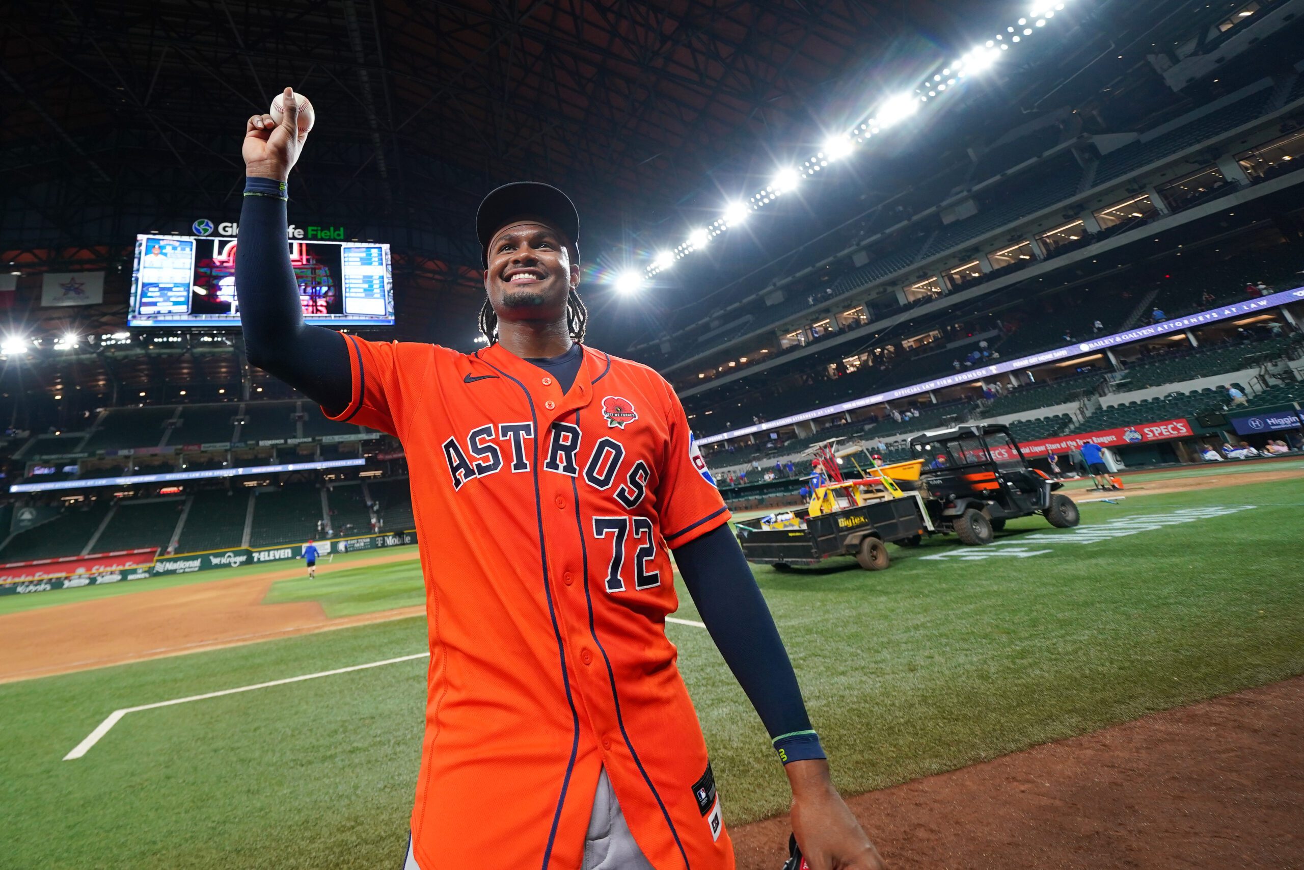 Houston Astros pitcher Alimber Santa reacts after he helped his team earn a combined no-hitter during his major league debut in a baseball game against the Texas Rangers, Monday, May 25, 2026, in Arlington, Texas. (AP Photo/Julio Cortez)